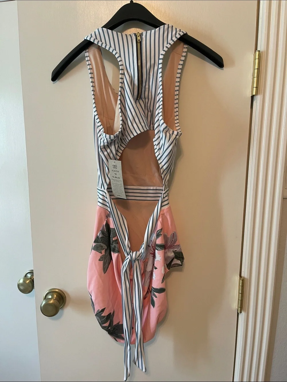 NWT Albion Blue-and-White Striped Racerback One-Piece with Pink Floral Bottom XL